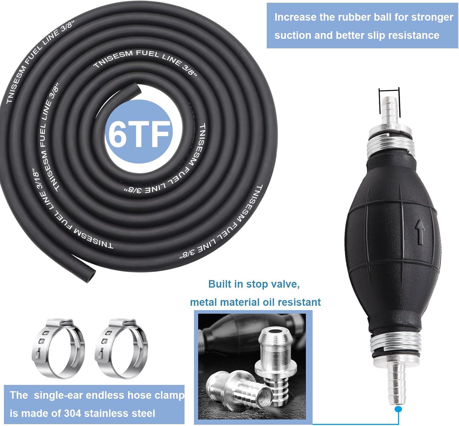 Tnisesm 3/8" Fuel Line Assembly, Nylon Braided Fuel Line Hose Marine Outboard Boat Motor RVs Fuel Assembly with Primer Bulb 304 Steel Hose Clamps 6FT