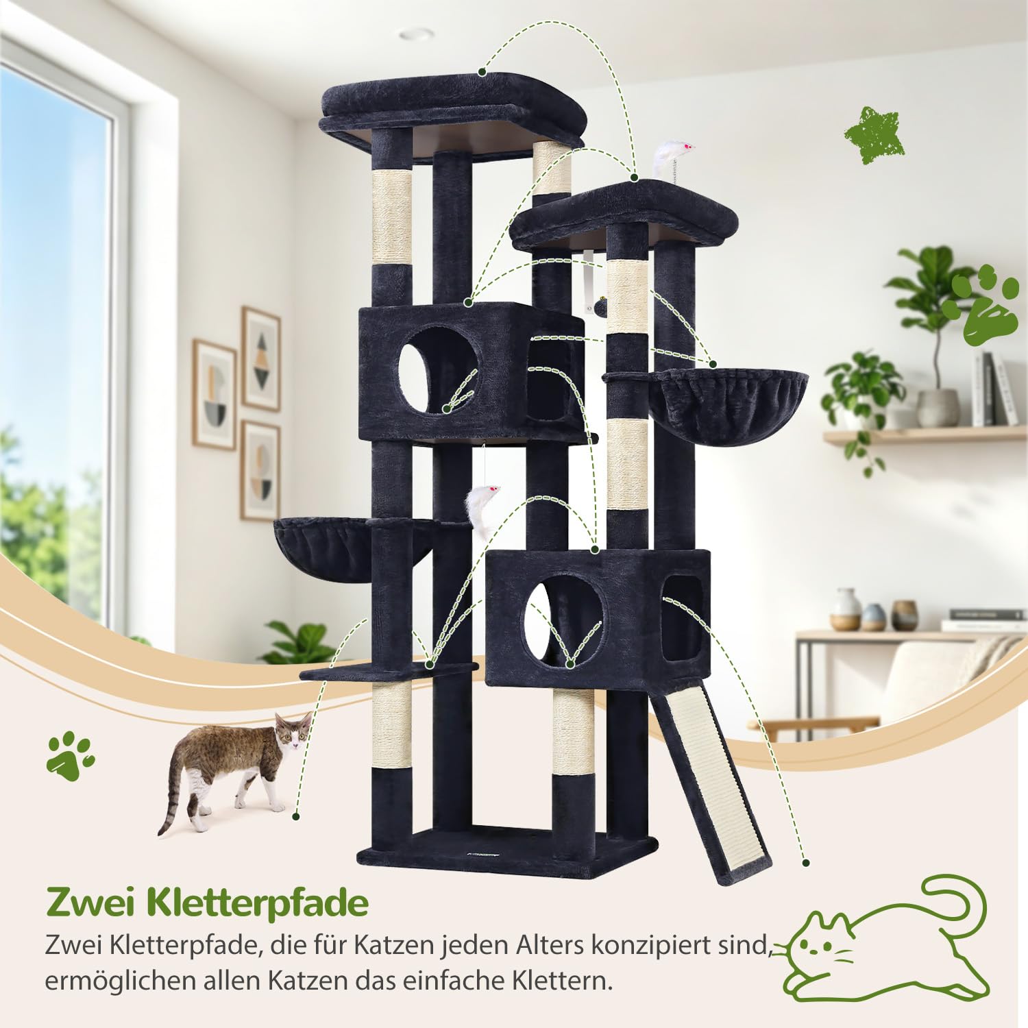 Globlazer S72E Kratzbaum Groß XXL hoch 180 cm für 2-6 Große Katzen Breit | Stabil Katzenbaum mit mit 2 Groß Plattformen, 2 Katzenhaus, 2 Korb, Sisal Kratzbrett, für Groß Katze Ausruhen Spielen Kratzen