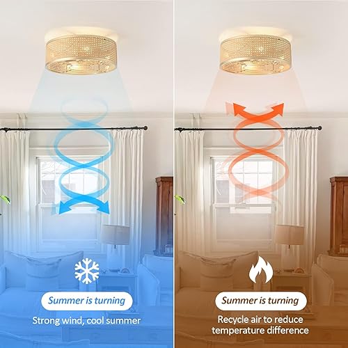 Miniatura 7 de Ventilador de techo enjaulado Boho con luz, ventilador de techo de 20'' de ratán con luz y control remoto de montaje empotrado para dormitorio,