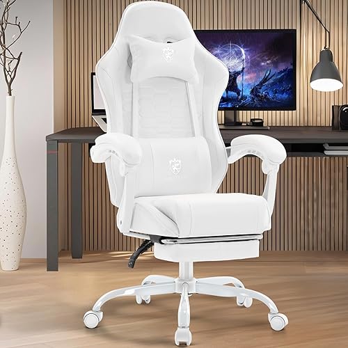 Miniatura 2 de Silla blanca para juegos, silla de oficina para computadora con reposapiés, soporte lumbar de masaje y almohadilla de gel, silla ergonómica