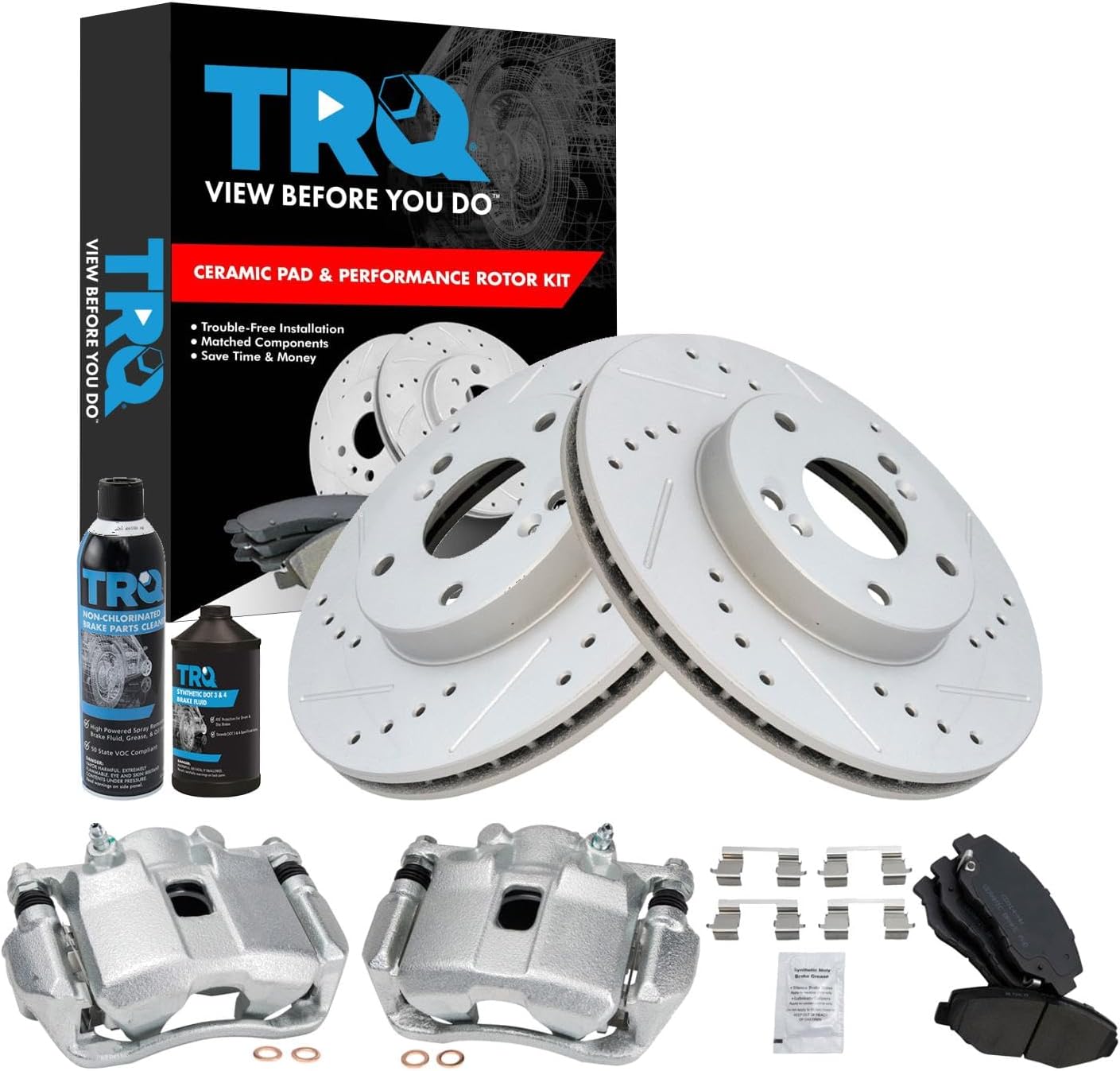 TRQ Front Performance Brake Pad & Rotor Kit Brake Caliper Brake Chemical Kit Brake Pads Brake Rotors Set Ceramic Premium G-Coated Compatible with 2013-2014 Honda Fit