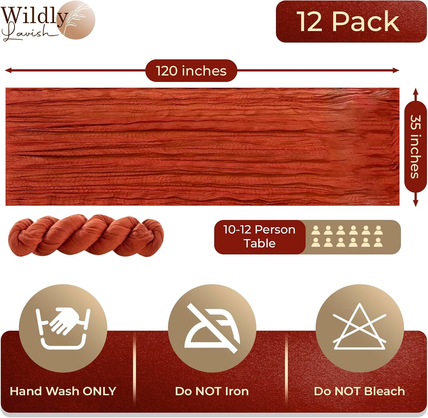 12 Pack Luxury Cheesecloth 120" x 35" Table Runner in Terracotta and other colors available. Wedding Holiday Event Party Bridal Baby Shower Engagemnt Anniv Vintage Farmhouse Table Decoration