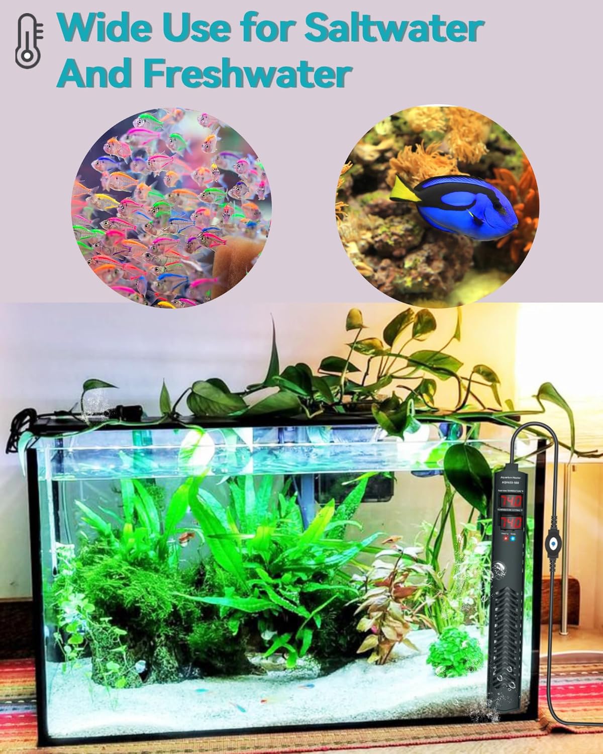 Chauffage d'aquarium pour aquarium de 200 cm, 374 litres, chauffe-eau submersible de 500 W avec contrôle précis de la température, protection contre les surchauffes, arrêt automatique, chauffage