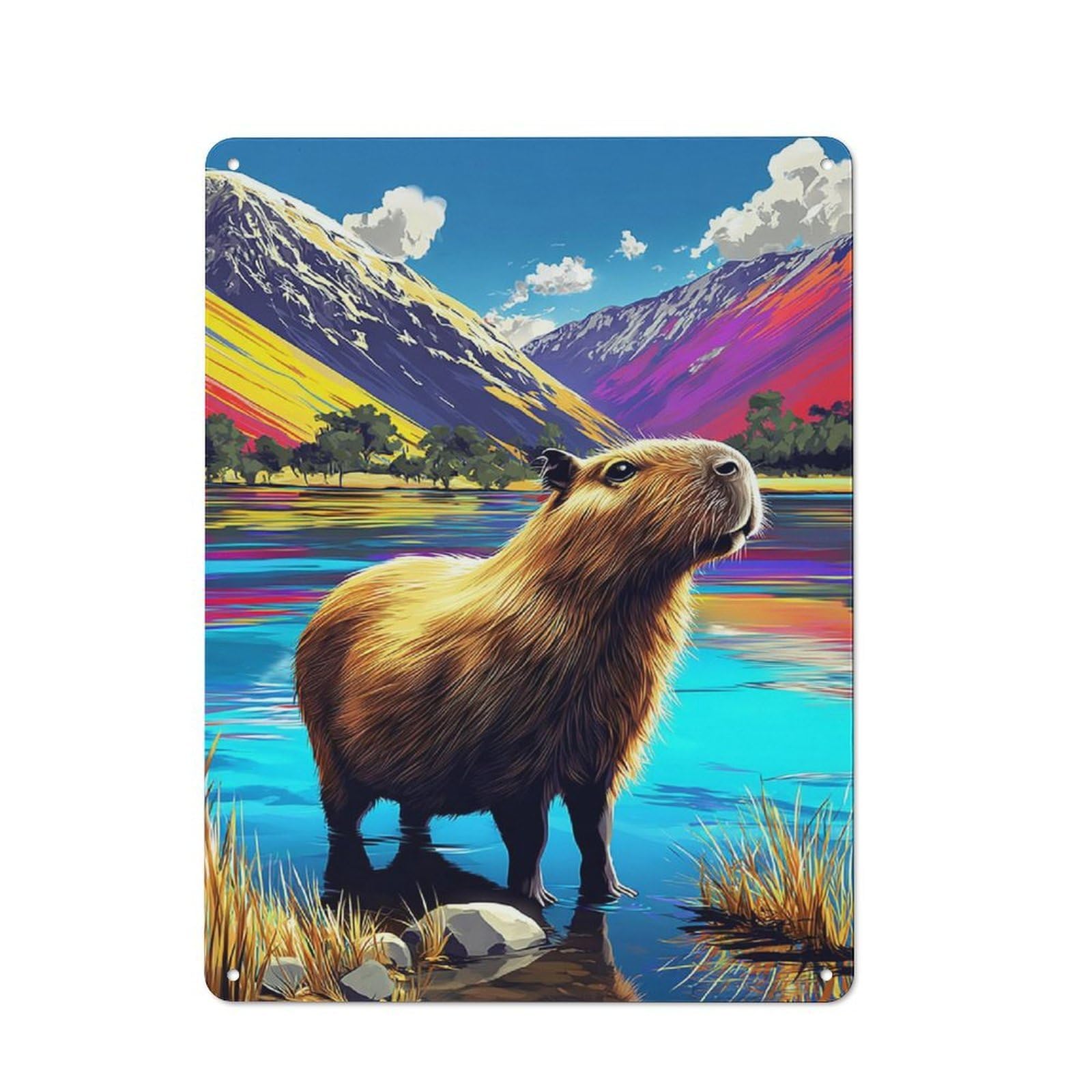 Junmoney Capybara By The Lake Rustic Metal Wall Decor 40X30cm, Decorative Tin Sign For Farmhouse Kitchen, Pantry Or Dining Area