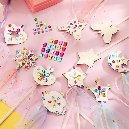 Miniatura 6 de Kit de 34 varitas de princesa, 16 estrellas sin terminar, corona de mariposa, luna, hada, palillo de madera, 6 calcomanías de gemas, 4 cintas de