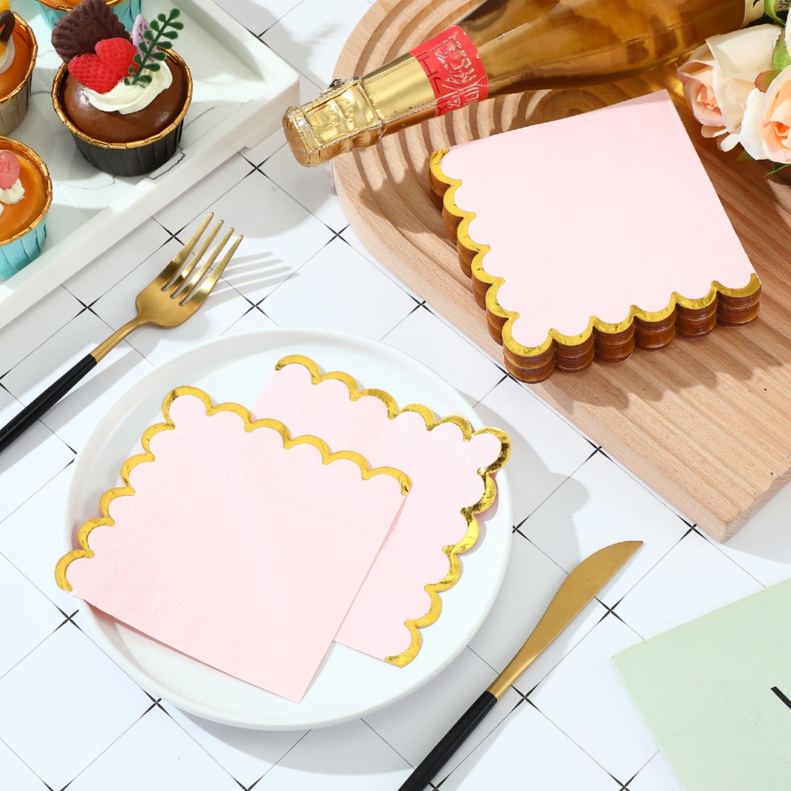 50 servilletas de cóctel festoneadas con borde de lámina dorada, servilletas desechables gruesas, servilletas de papel pastel, servilletas de fiesta, servilletas de bebidas para boda, cena,