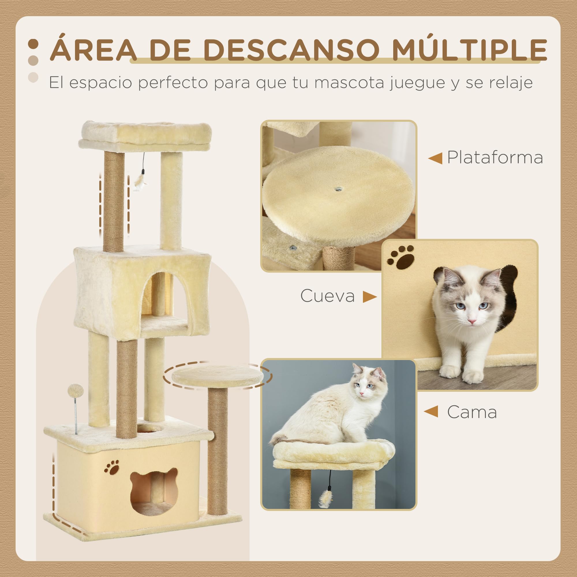 PawHut Árbol Rascador para Gatos Grande 60x34x136 cm con Cuevas Beige | Árbol para Gatos, Plataformas, Felpa Desmontable, Postes de Yute, Bola Colgante