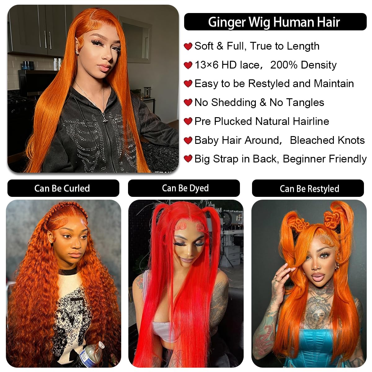 Ginger Orange Lace Front Wigs Human Hair 13x6 HD Straight Ginger Wig Human Hair Pre Plucked with Baby Hair 350 Colored Orange Wig Human Hair for Women 28 Inch