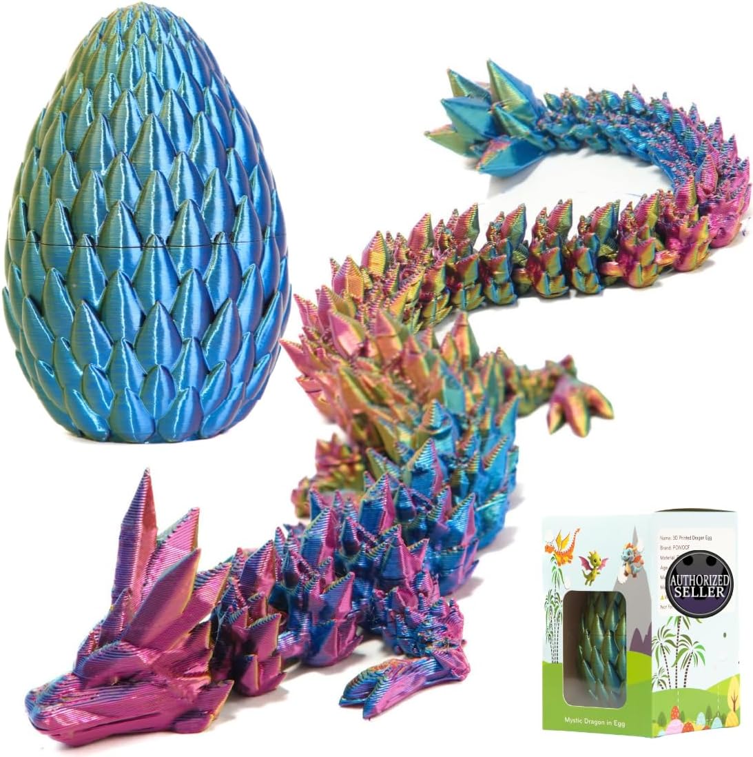 ELORION 12” 3D Printed Articulated Fidget Figure in 5” Egg , Prefilled Dragon Egg with Dragon Inside, Easter Basket Stuffer Gift (Multicolor)
