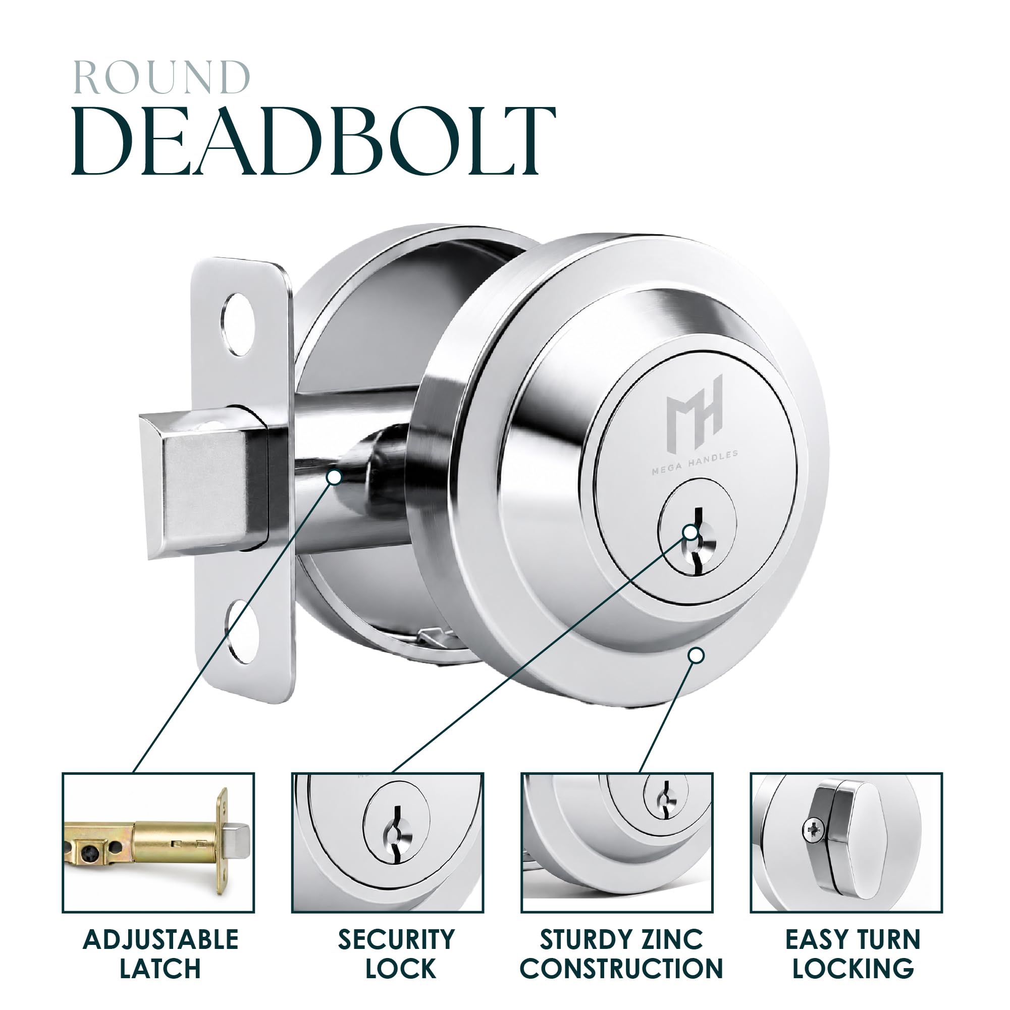 Mega Handles - Buena Deadbolt I - Cerrojo de seguridad de entrada - Cerrojo redondo resistente para puertas zurdas o diestras - Interior/Exterior - Cromo pulido
