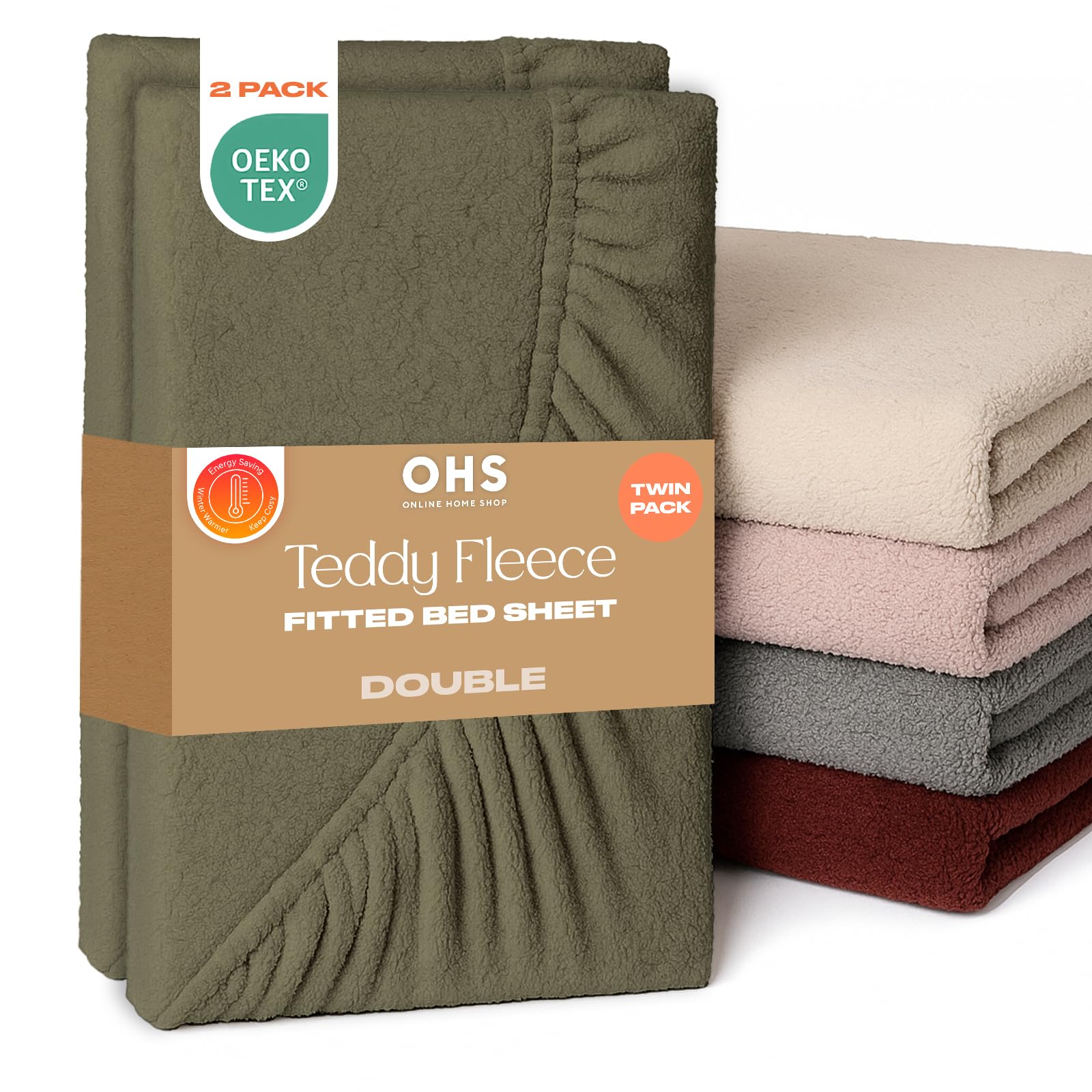 Brentfords Woodland Green 2 Pack Double Bed Sheet, Soft Warm Thermal Teddy Fleece Fitted Sheet Bed Cover Deep Pocket 25Cm Fade Resistant Cuddly Cosy Fluffy Teddy Bear Bedding, - Double