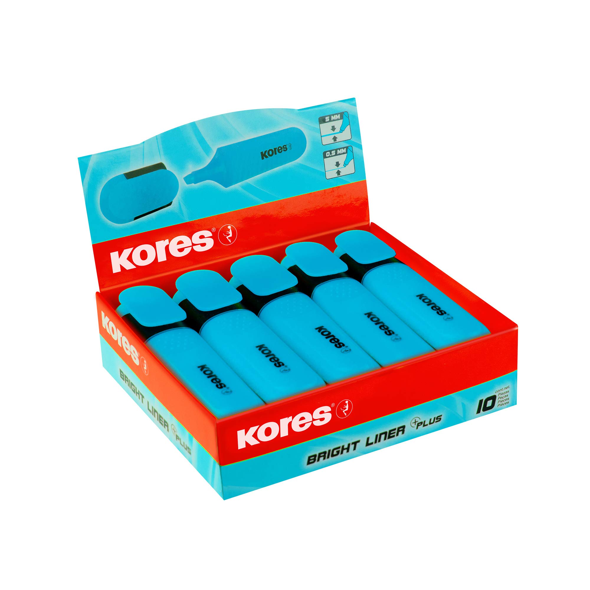 Kores, Blue Highlighter Pen, Bright Liner Plus, Chisel Tip, Universal Water Based-Ink Highlighter Pen with Ergonomic Shape - Image 3