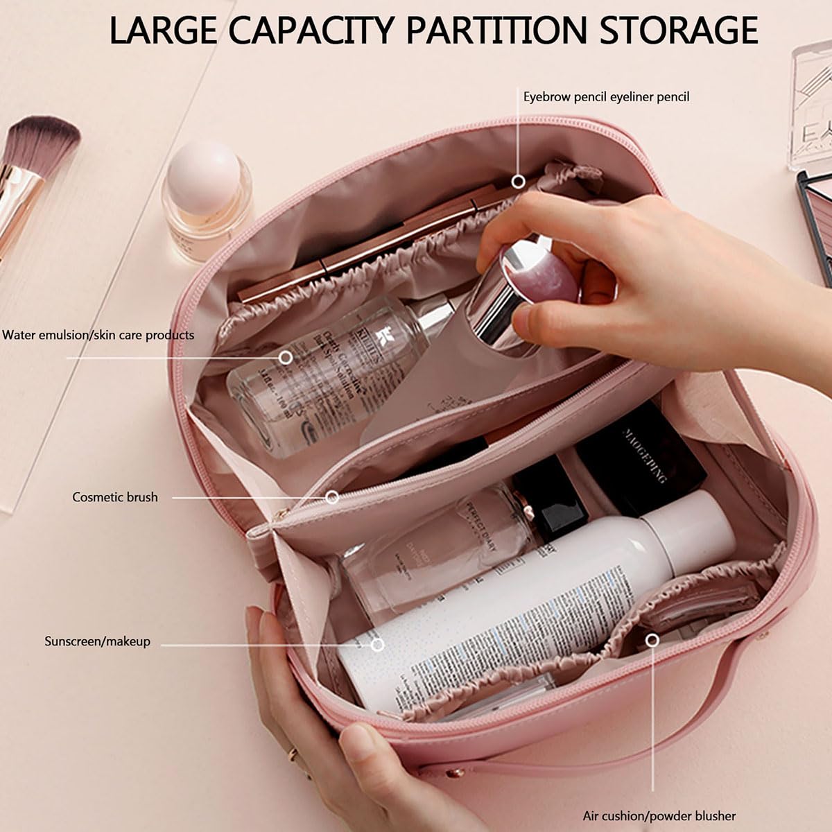 MAMUNU Large Capacity Cosmetic Travel Makeup Storage Bag with Handle Portable Zipper Cosmetic Toiletry Makeup Bag Large with Compartments for Women Girls (Pink) - Image 3