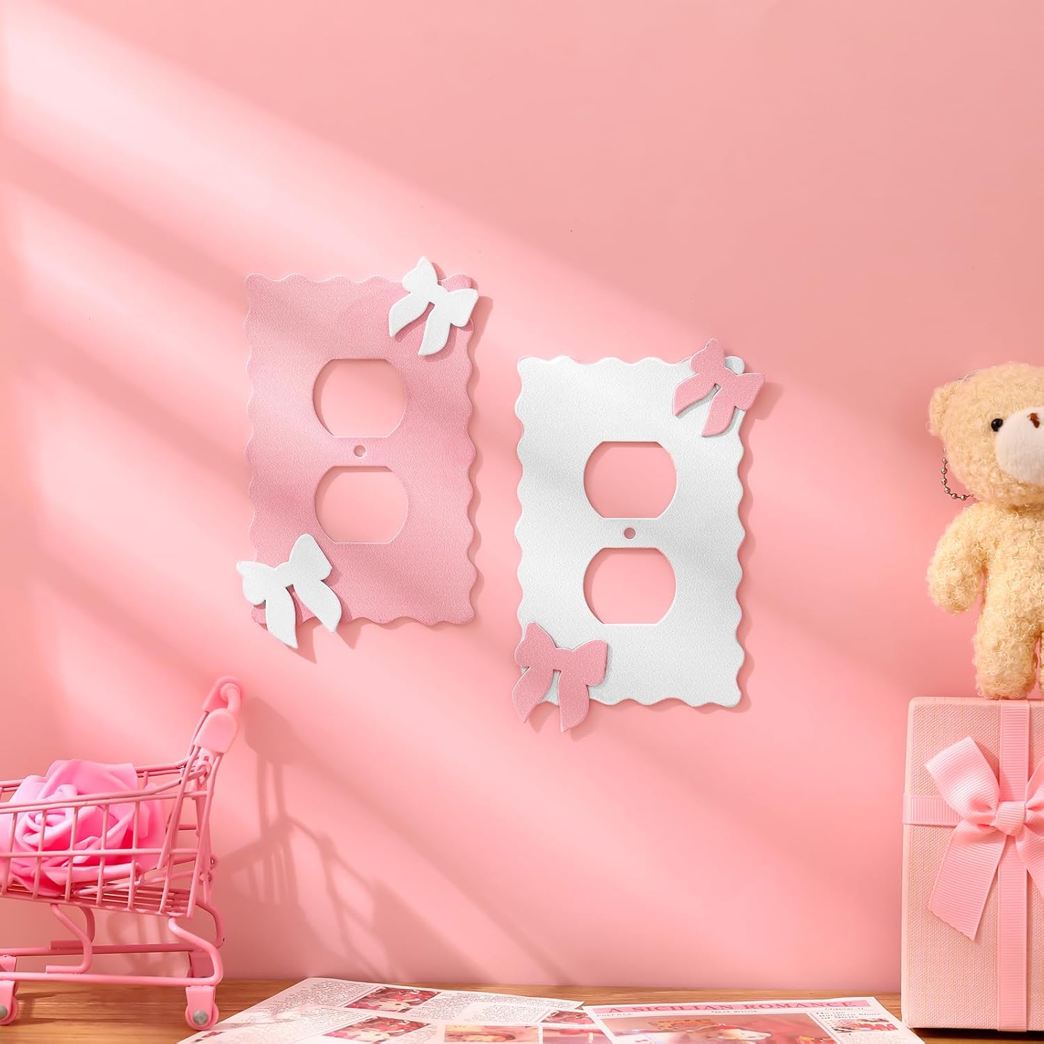 Relaxweex 2 Pcs Pink Bow Light Switch Cover Wall Plate Room Decor Metal Toggle Pink and White Cute Decorative Outlet Cover for Bedroom Home Decor (Round Hole)