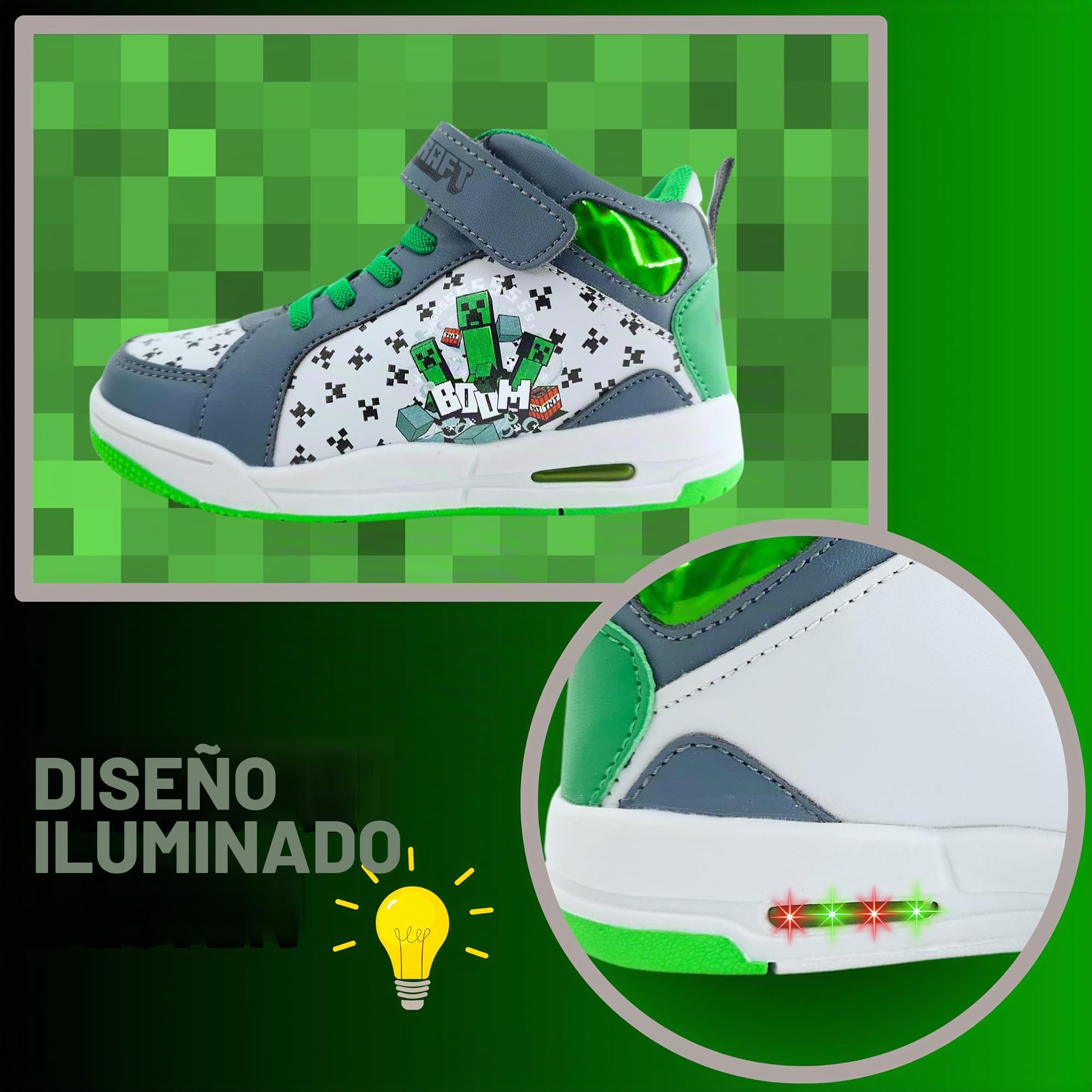 Minecraft Zapatos para Niño, Calzado Deportivo, Deportivas Diseño Creeper, Deportivas Luces para Niño, Tallas EU 24 a 32