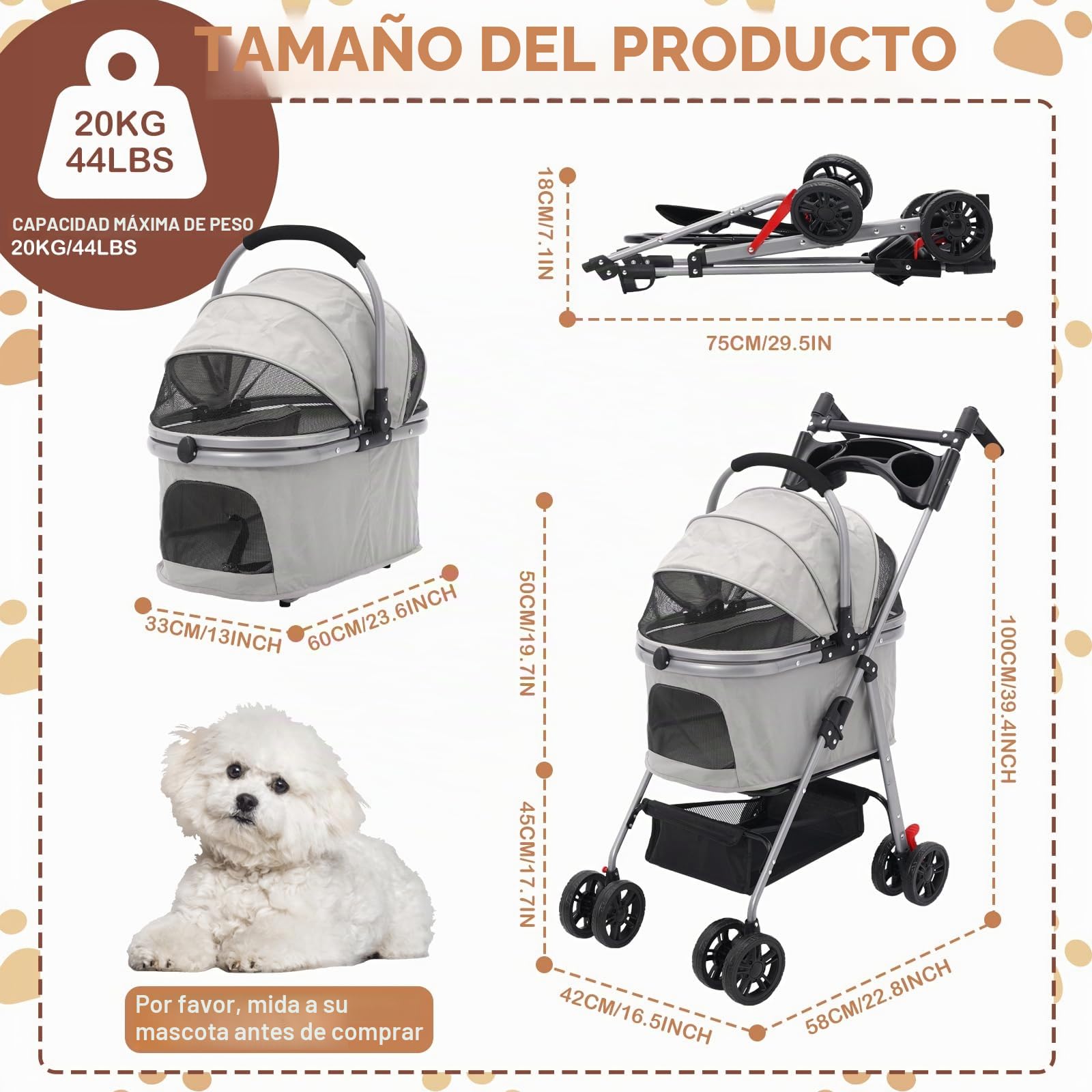 Carrito para perros plegable 3 en 1, Cochecito Plegable Mascotas Carrito para Perros Gatos, hasta 20 kg, Ruedas con frenos 360º, para perros pequeños, gatos (Gris)