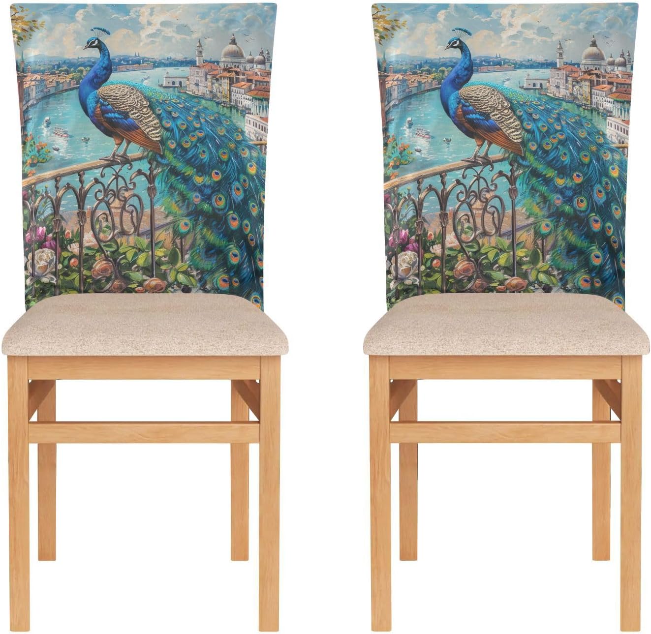 ALAZA Peacock Flowers and Italy View Chair Back Cover Set of 6, Washable Reusable Removable Chair Slipcovers Decorative Chair Cover for Home Kitchen Wedding Party