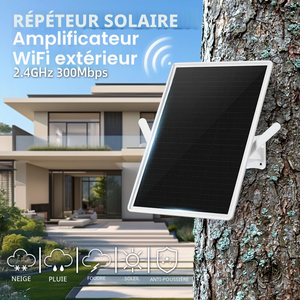 Repeteur WiFi Solaire Batterie Exterieur sans Fil, Puissant Amplificateur WiFi Couvre100-mètres, Outdoor répéteur WiFi Extender 2.4Ghz 300Mbps, Idéal pour Les Grands Espaces éloignés (14in)