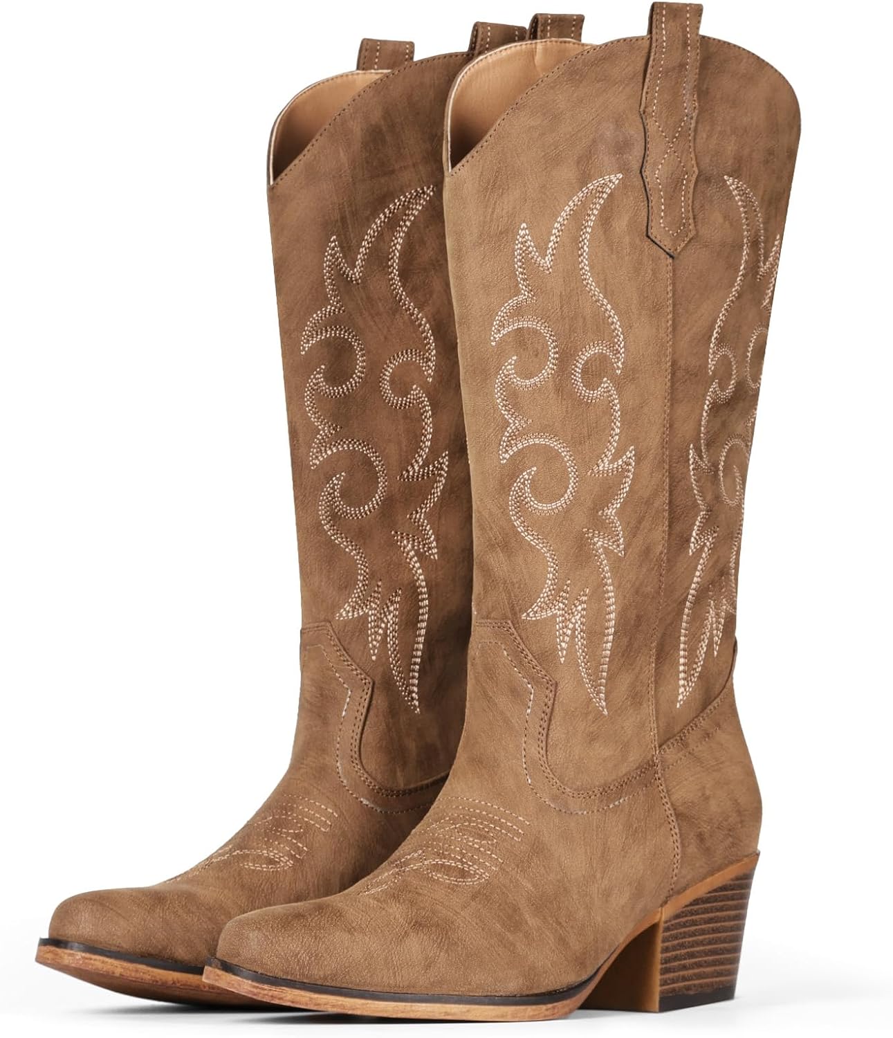 IUV Cowboy Boots For Women Western Cowgirl Boots Mid Calf Snip Toe Boot With Chunky Heel