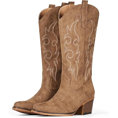 IUV Cowboy Boots For Women Western Cowgirl Boots Mid Calf Snip Toe Boot With Chunky Heel