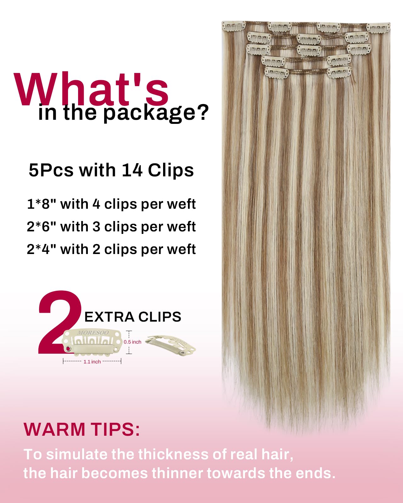 Moresoo Clip in Hair Extensions Real Human Hair Balayage Medium Brown and Blonde Real Hair Extensions Clip in Human Hair for Women Full Head 22 Inch 7pcs/120g #4/6/613 — view 73