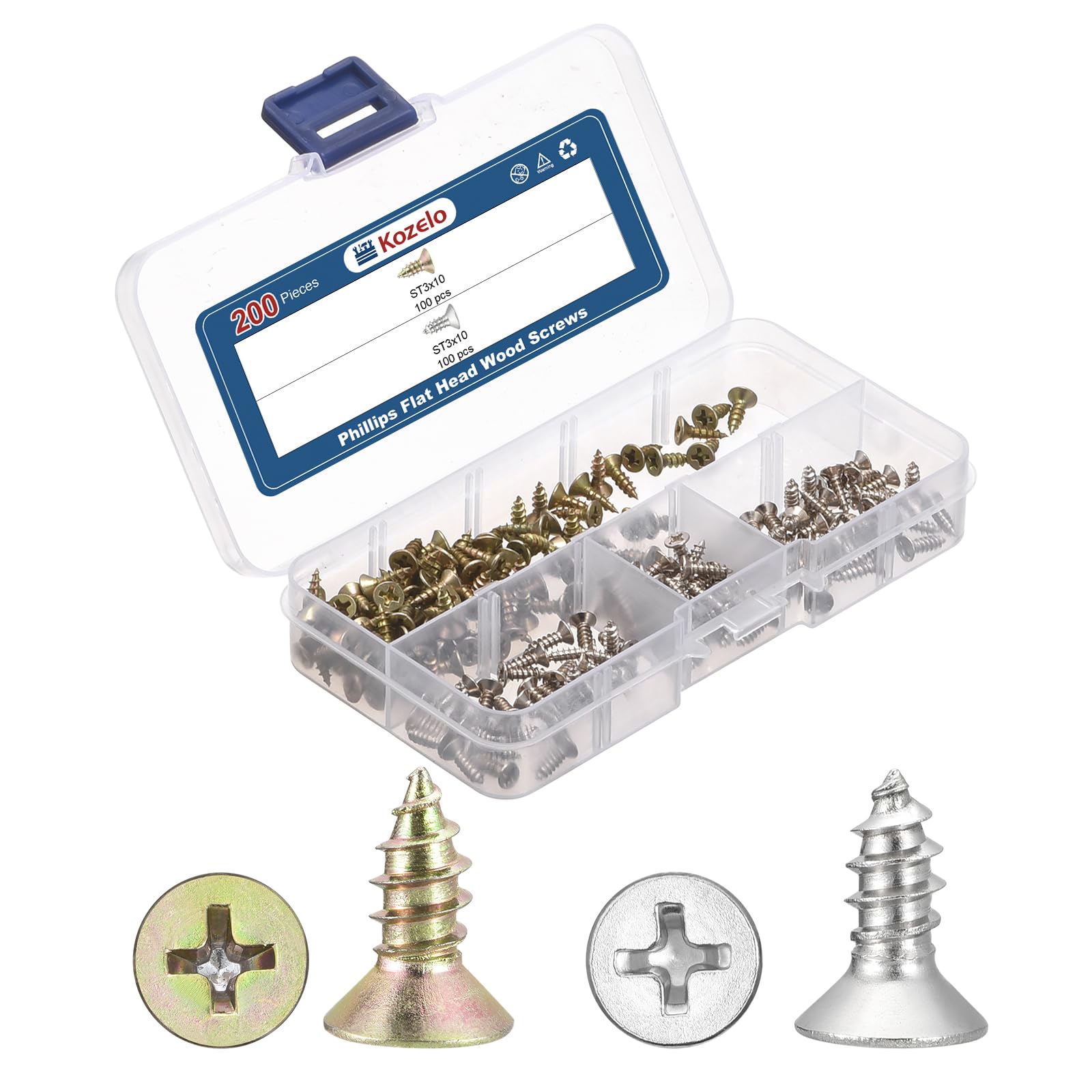 Kozelo 200pcs ST3 Phillips Flat Head Wood Screws Assortment Kit - [ST3x10mm] Carbon Steel Countersunk Self Tapping Screws for Wooden, Silver & Color — image 1
