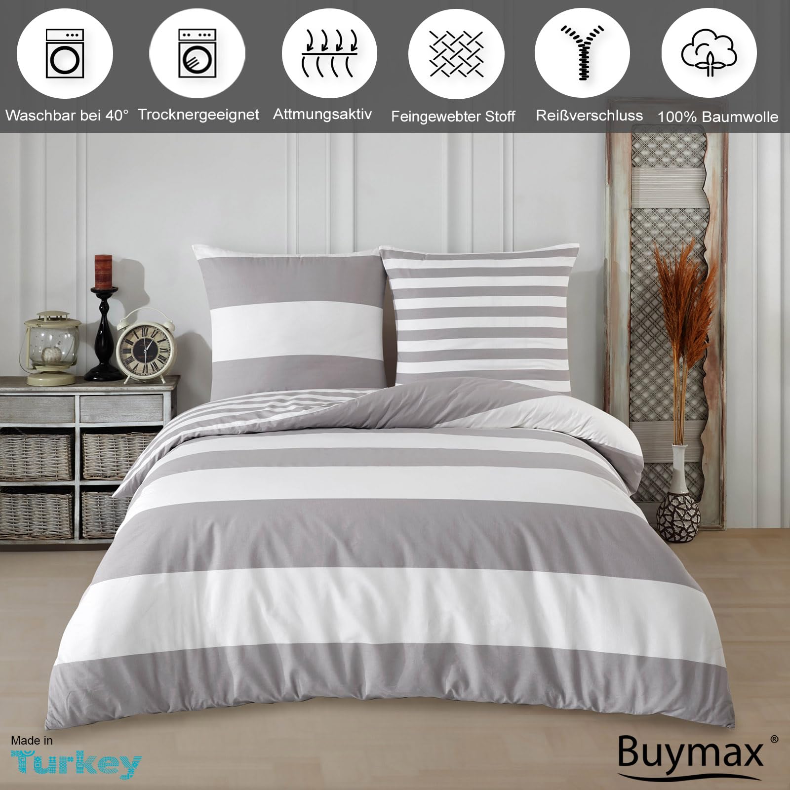 Buymax® Copripiumino Matrimoniale 200x220 100% Cotone 3 Pezzi Copripiumino - Set Biancheria da Letto 200 x 220cm 2 x Federa 80x80cm, Copripiumino Renforcé ÖKO-TEX con Cerniera