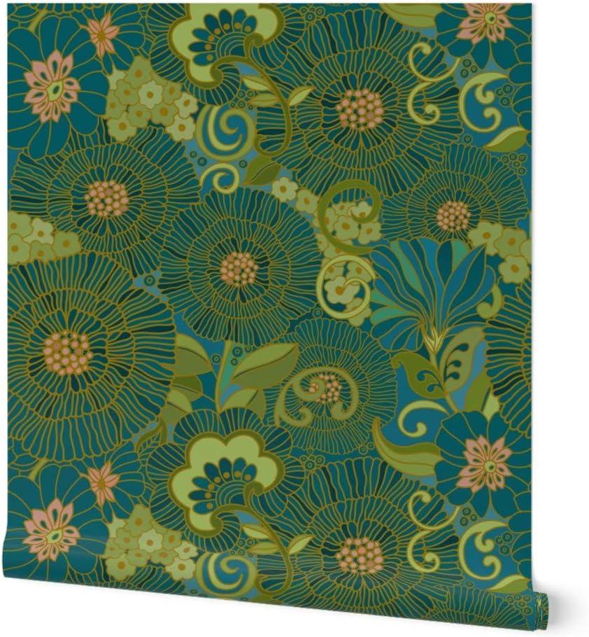 Peel & Stick Wallpaper 3ft x 2ft - Retro Floral Large Scale Vintage Style Mid Century Midcentury Modern Custom Removable Wallpaper by Spoonflower