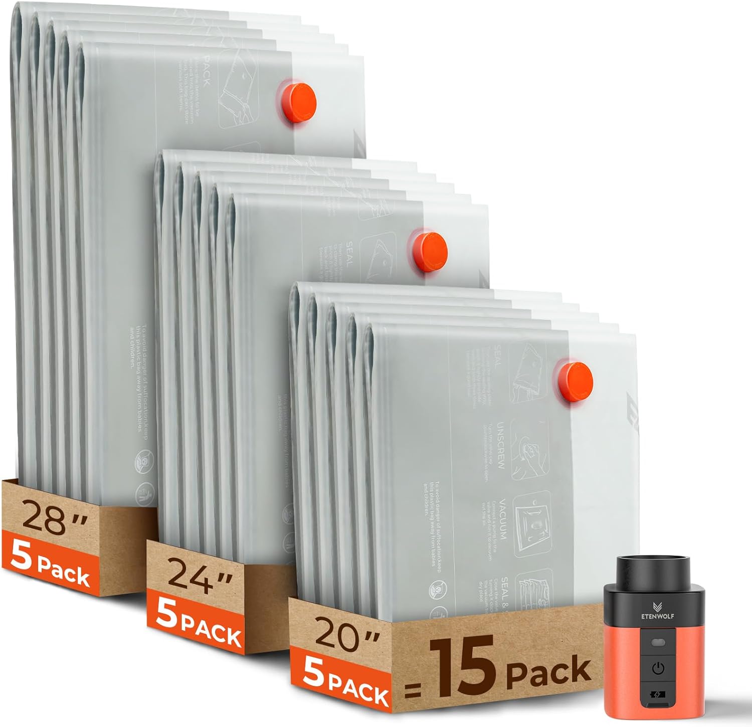 ETENWOLF 15 Pack Vacuum Seal Bags for Clothing with Rechargeable Wireless Pump,Travel Vacuum Storage Bags for Luggage and Suitcase Space Saver Compression Bags in 3 Carry-On Sizes (20/24/28Inch)