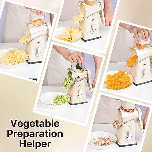 Miniatura 5 de Rallador de queso giratorio manual, blanco, cortador de verduras 5 en 1 con base de succión, cuchillas de acero inoxidable, diseño de manivela para