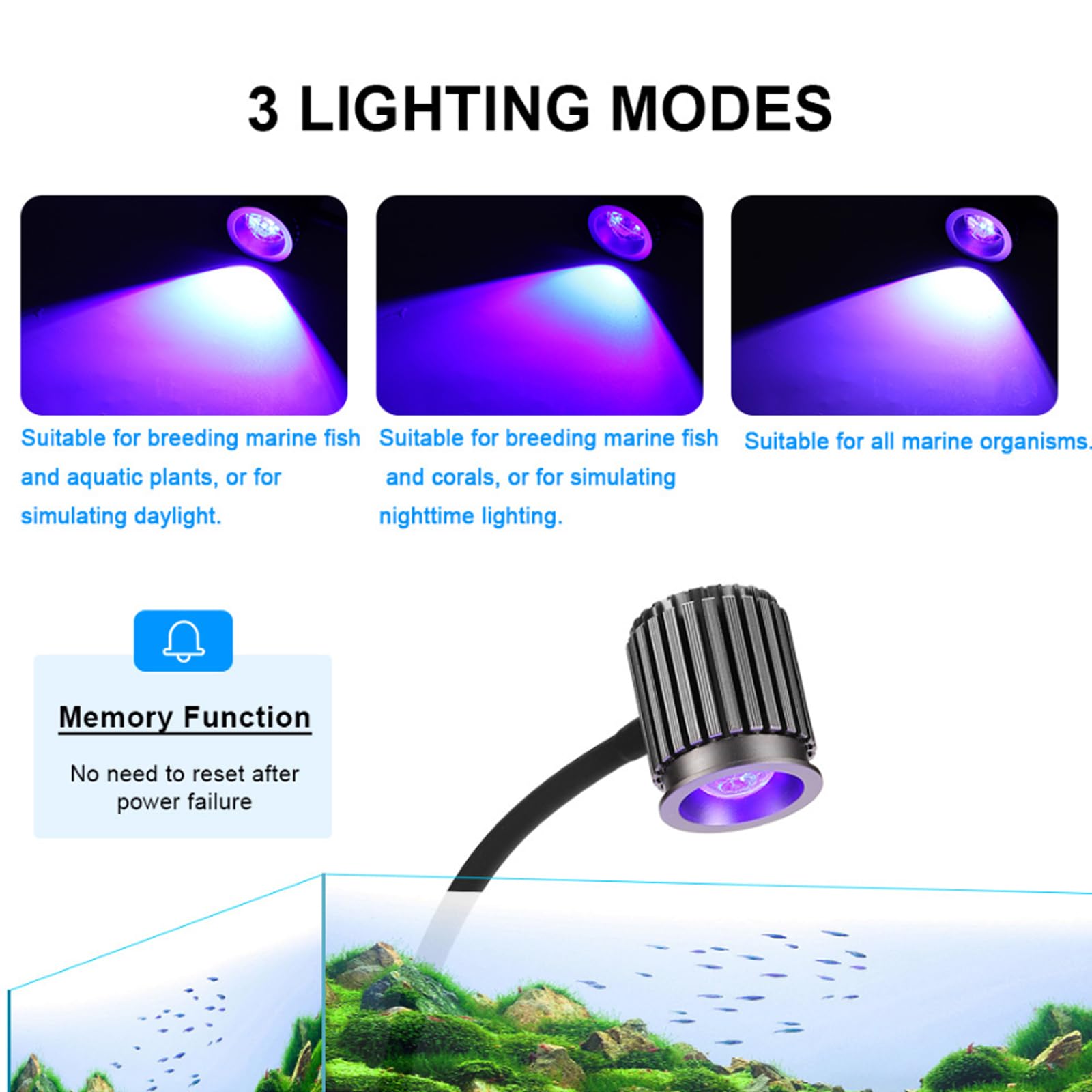 Lampada a morsetto LED 8W per acquario 24/7, 5 livelli luminosità 3 timer