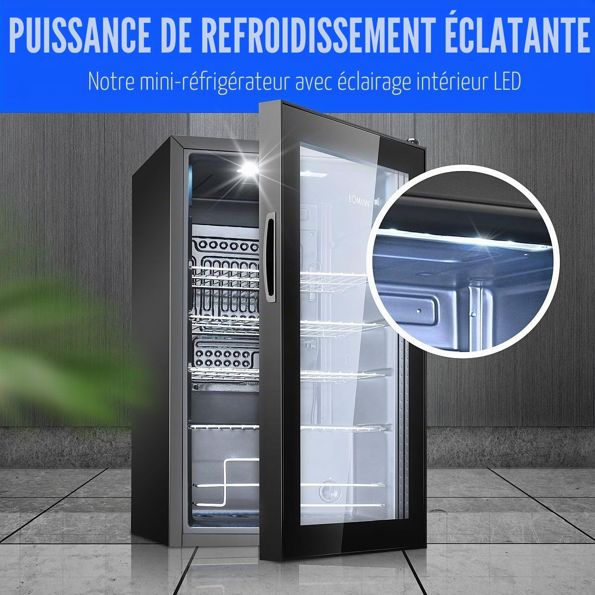 Bomann Réfrigérateur à Boissons 63 L KSG 7287, Éclairage LED, Noir | éclairage LED, contrôle température +3 à +10 °C, 4 étagères chromées, porte double vitrage, pieds réglables