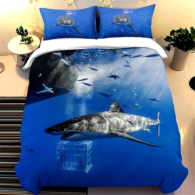 Shark Style 3D Digital Print Bedding Sets with 2 Pillowcases Ocean of Fish Creative Cartoon Shark Print Duvet Cover Sets Soft Microfiber 3Pcs Quilt Cover with Zipper Closure 200 x 200 cm