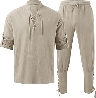 Beokeuioe Halloween Costume Linen Trousers Men's Long Medieval Shirt and Medieval Trousers Men's Medieval Vintage Costume Adult Men's Pirate Outfits 2-Piece Linen Set