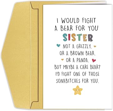 Goroar Funny Birthday Card for Sister, Humorous Sister Birthday Card, Sis Bday Greeting Card, I Would Fight A Bear for You Card