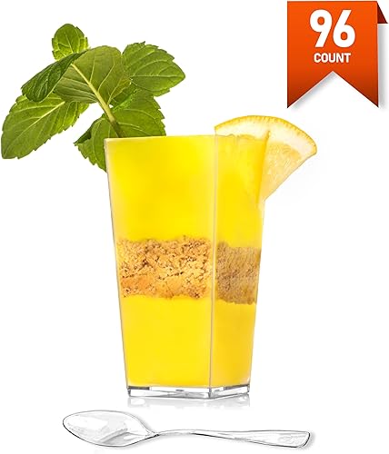 Miniatura 8 de LSR LORESO Paquete de 96 mini tazas de postre de 3 onzas con cucharas, taza de plástico transparente y alto cuadrado de 3 onzas, taza de plástico