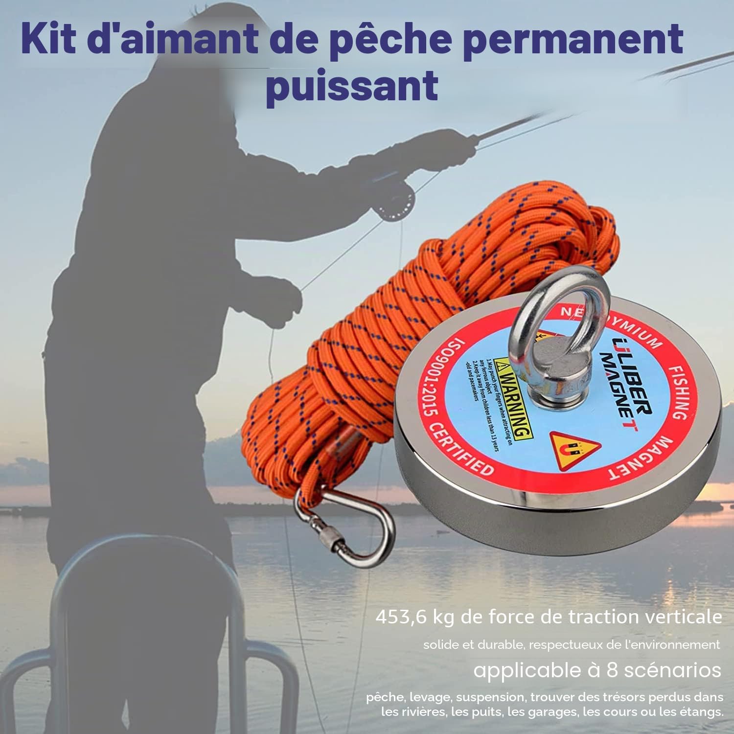 Kit de pêche magnétique 600 kg Force de traction verticale magnétique, aimant en néodyme robuste N52 avec corde durable de 15m,magnétique pour récupérer des trésors dans les rivières…