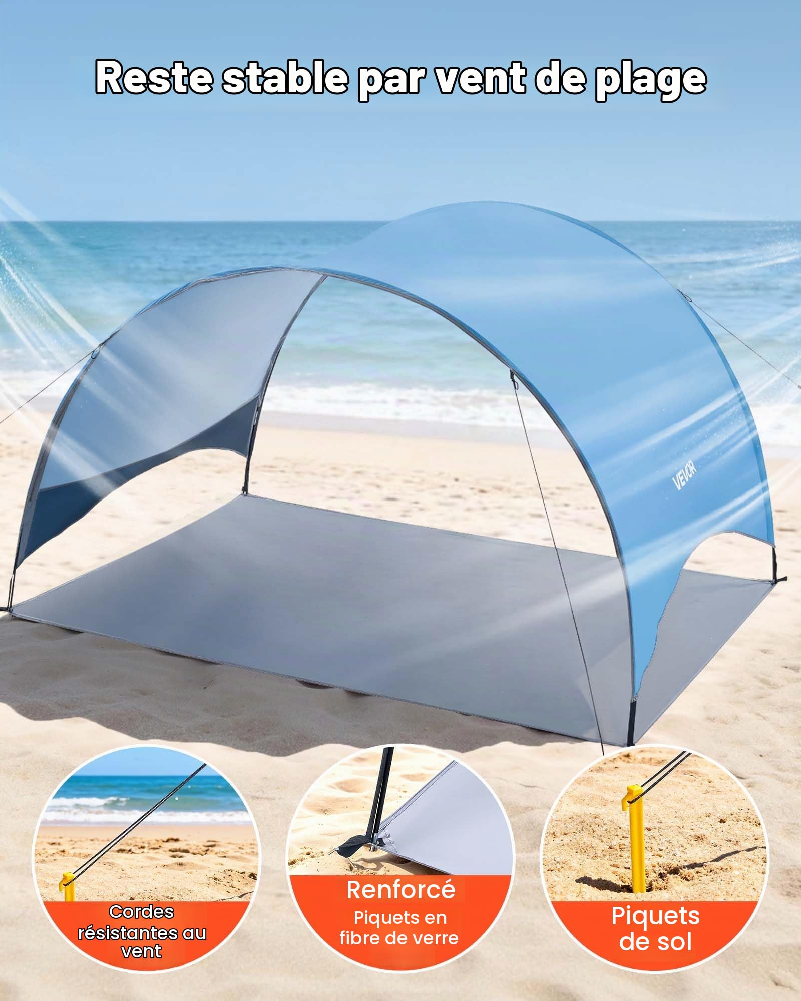 VEVOR Tente de Plage pour 4 Personnes, Abri de Plage Portable, pour Camping Pêche Pique-niques en Plein Air, Auvent Anti-UV Protection UPF 50+, Abri Soleil Léger avec Sac de Transport et Piquets