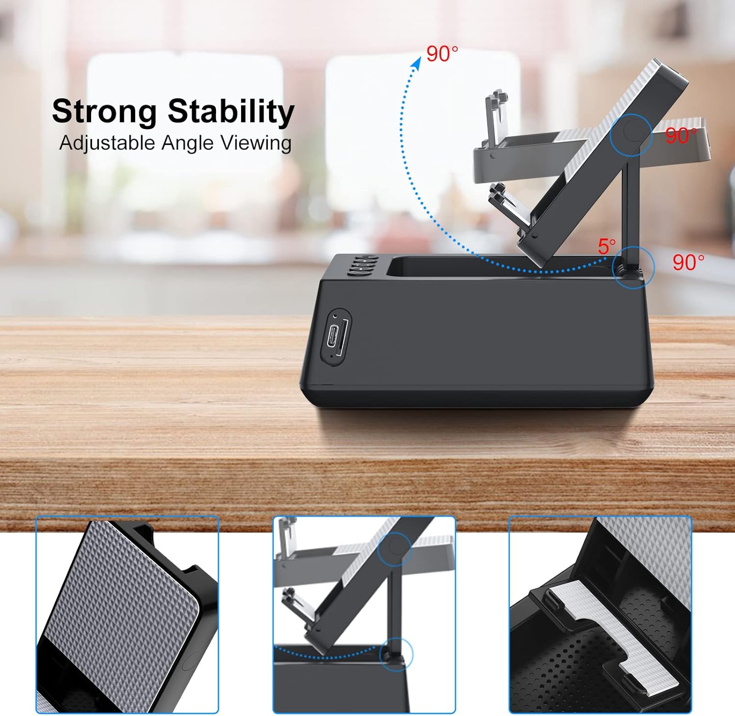 Diagram showing the adjustable angles of the phone stand, from 5 to 90 degrees, emphasizing strong stability.