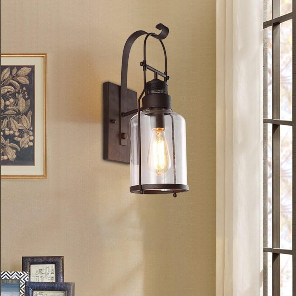 KWOKING Lighting Vintage Wall Sconce Industrial Glass Sconces Country Style Loft Lantern Wall Light Fixture Lights with Cylinder Glass Shade in Antique Rust Finish use E26 Bulb