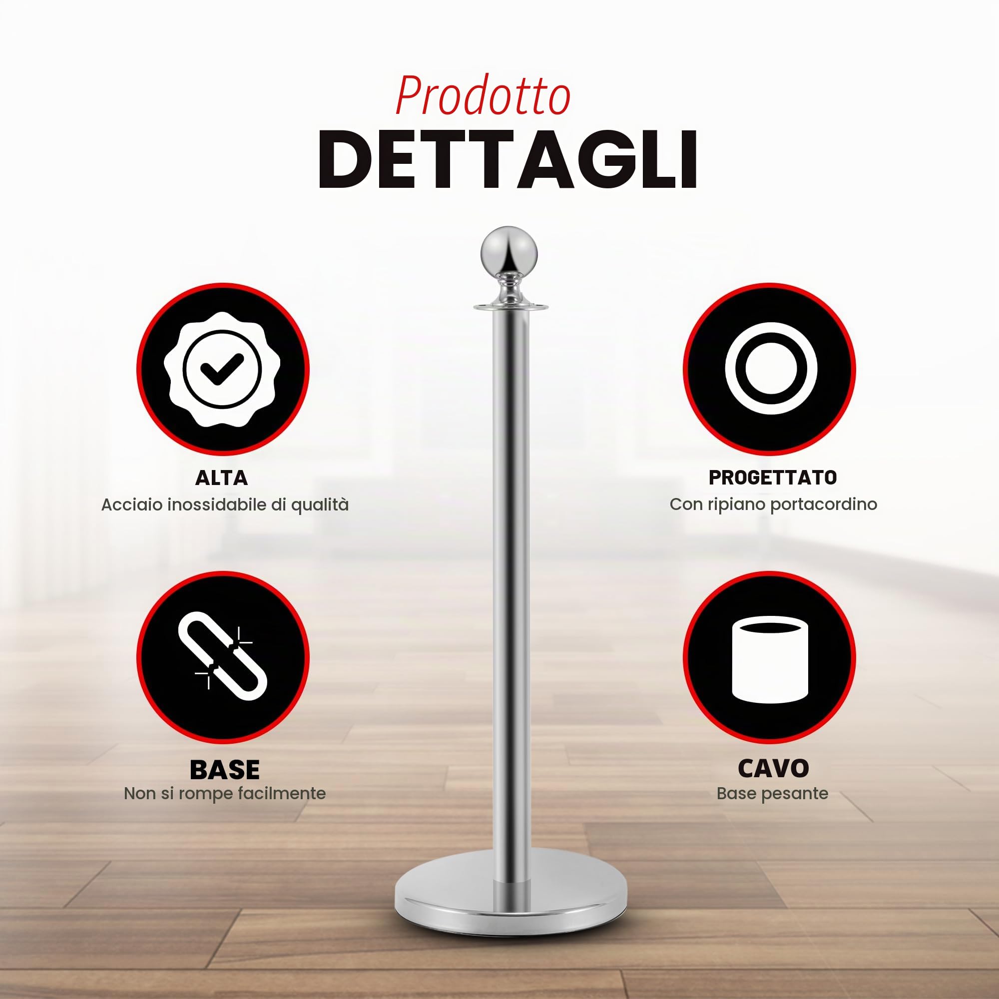 Pali distanziatori in acciaio inox 2 pezzi, altezza 90 cm, argento con corda di velluto rosso da 1,5 m, collegamento a 4 vie, base di diametro 31 cm, controllo della folla