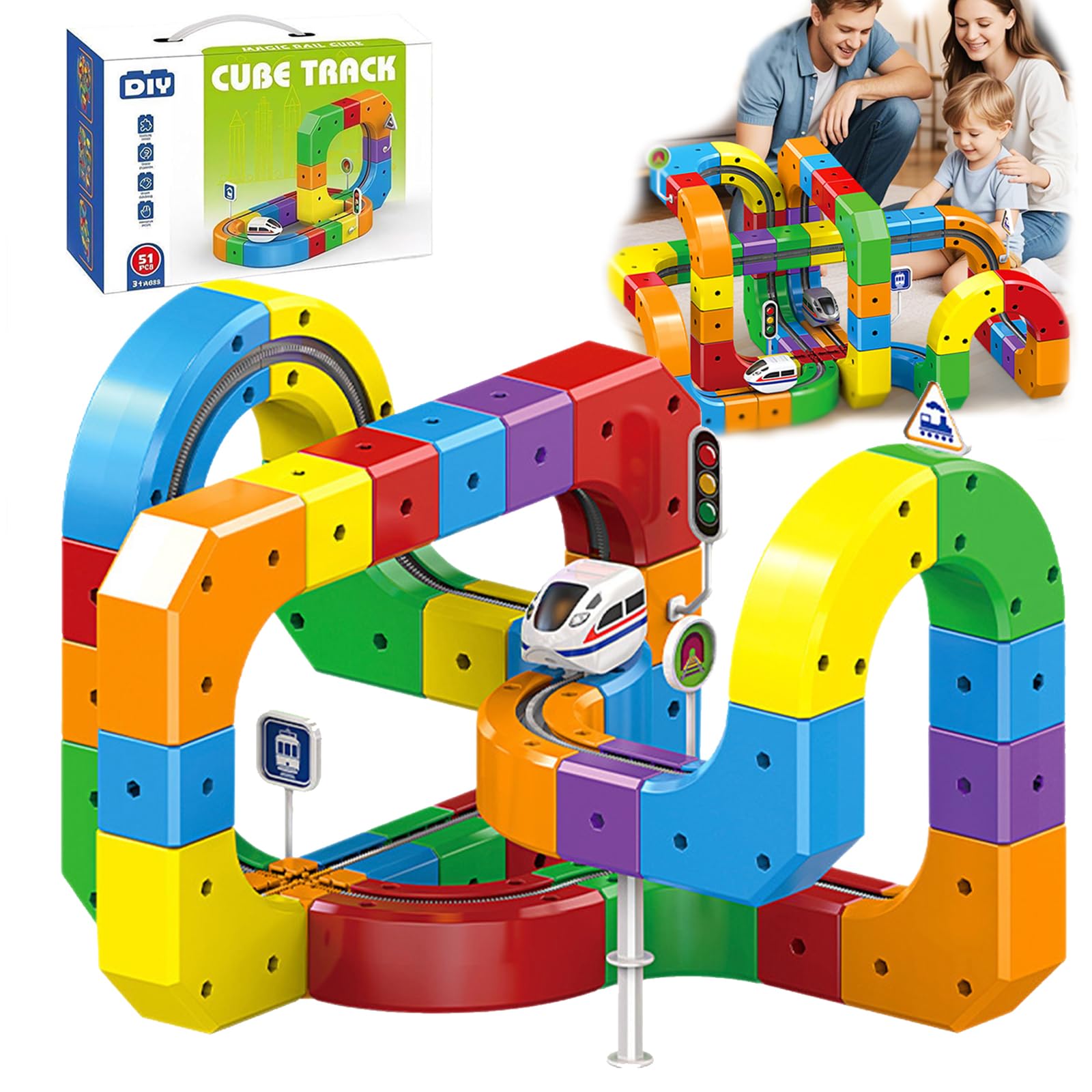 Magic Rail Cube Train Set, 51/81/118 PCS Electric Train Sets with Gravity-defying Motorized Trains & Flexible Race Track, Magnetic Monorail Set for DIY Cube Track Kid 51PCS