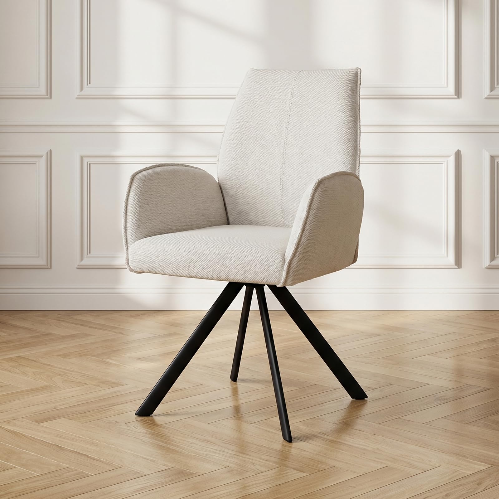 JIEXI Drehbar Esszimmerstuhl mit Armlehne, 360° Schwenkbar Stoff Polsterstuhl, Moderner Freizeit-Bürostuhl mit Metallgestell, für Esszimmer Wohnzimmer Büro, Weiß/Beige