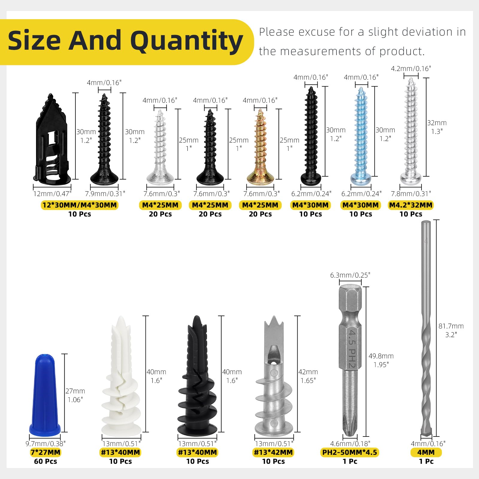 Mardatt 192PCS Self-Drilling Drywall Anchors Kit, Including Sheetrock Anchors, Expansion Screws, Wood Screws - Image 2
