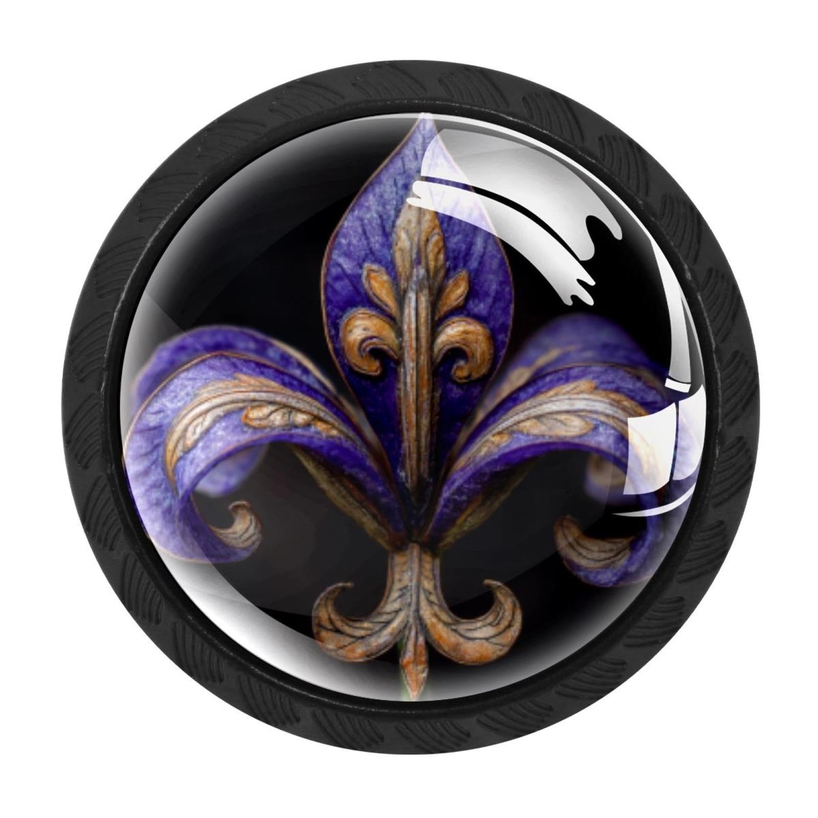 Chenzzzz Multicolored 04 4 Pack Drawer Knobs, Black Handle Dresser Drawer Pulls, Round Decoration Cabinet Hardware Pulls With Screws For Kitchen Cupboard Wardrobe, Fleur De Lis Iris (10)