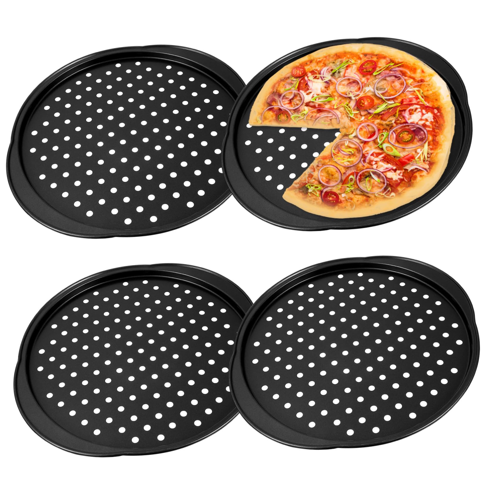 Cabilock 4 Stück Pizzableche Aus Karbonstahl Antihaftbeschichtet Mit Belüftung Löchern Runde Backformen Mit Griffen Ofenfest Für Küche Zuhause Backzubehör