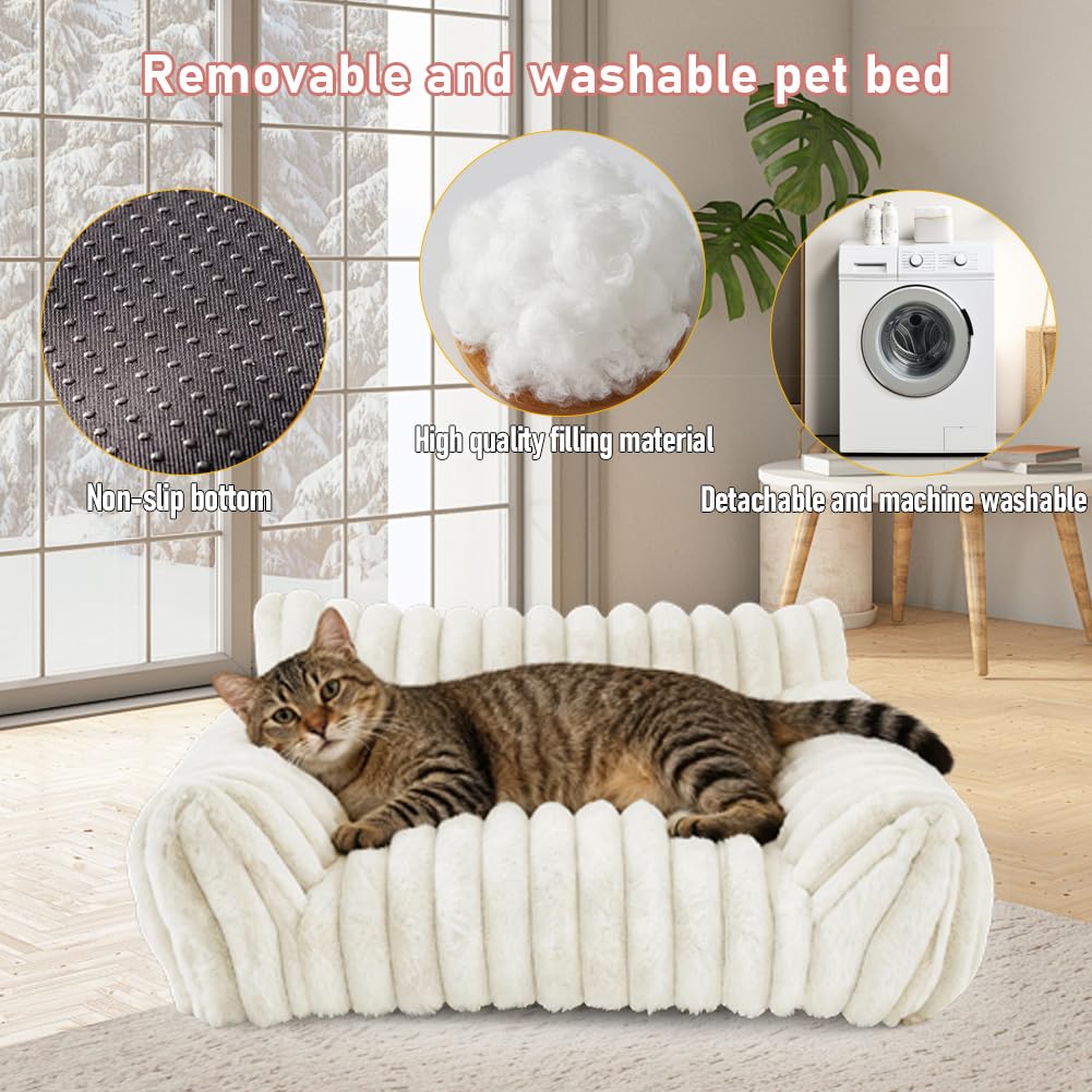 Katzensofa Bett, Katzenbett 60x45x20cm, Katzenbetten für Hauskatzen Weich und Flauschig, Kleines Hundesofabett Katzensofabett, Waschbarem Bezug Anti-Rutsch Hundebett Sofa für Hunde (Weiß)