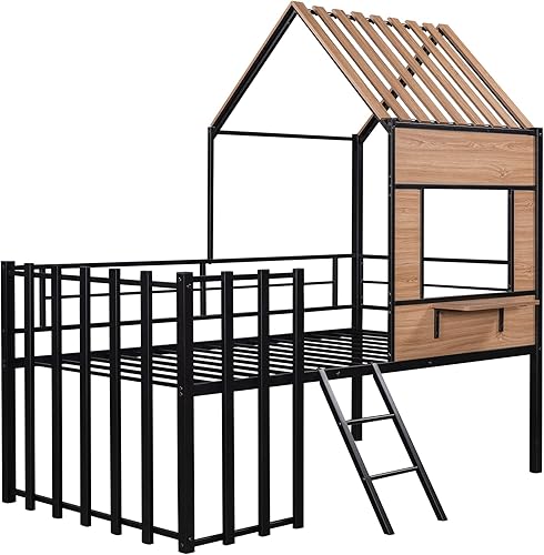 Miniatura 6 de Harper & Bright Designs Camas de casa para niños, marco de cama baja con techo, ventana, barandilla y escalera, cama alta de metal tamaño individual