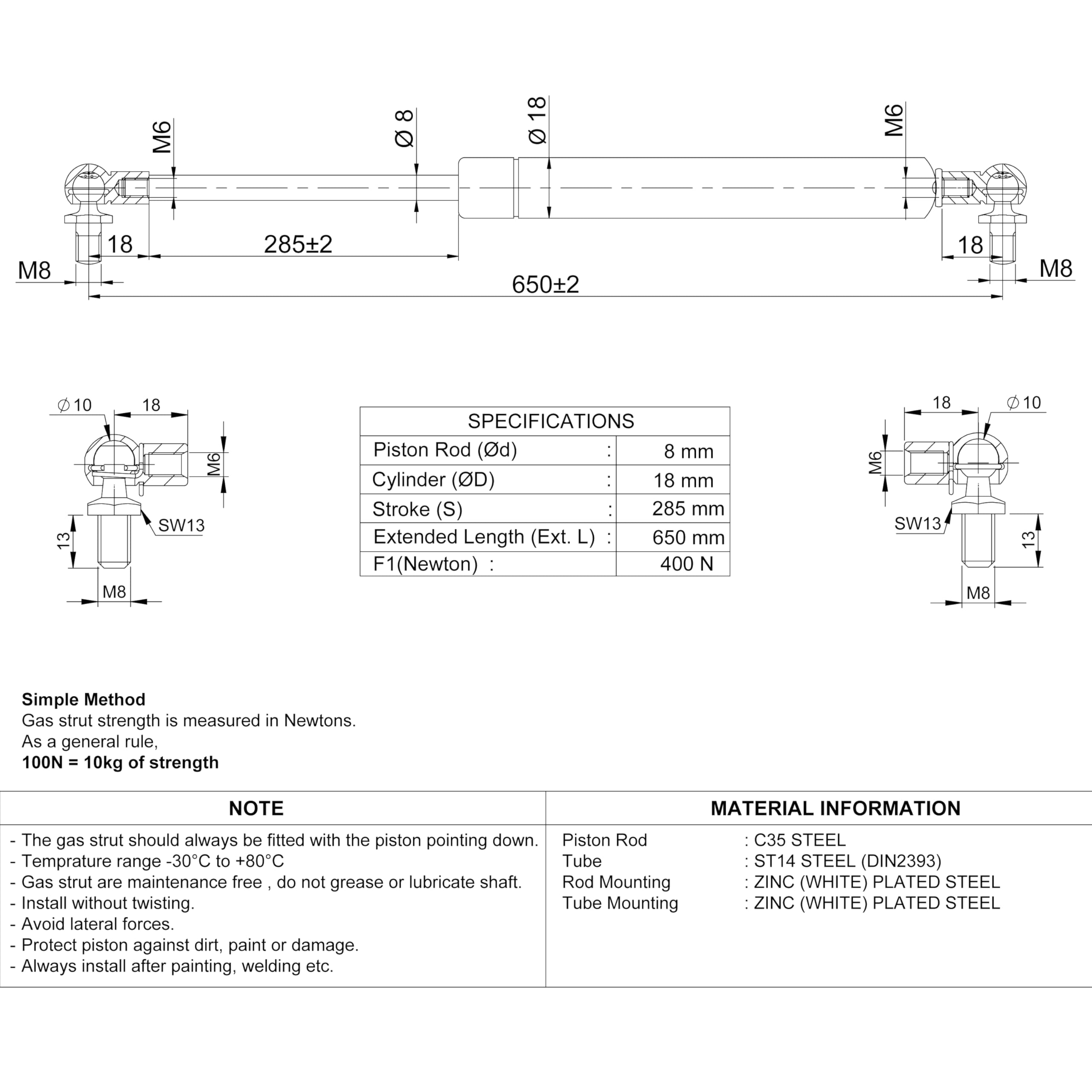 Universal Gas Struts Spring Ball Joint | 100-1000 Newton | Length Options 200 mm to 900 mm | Heavy-Duty | Lift Support System (650MM, 400 N) — view 2
