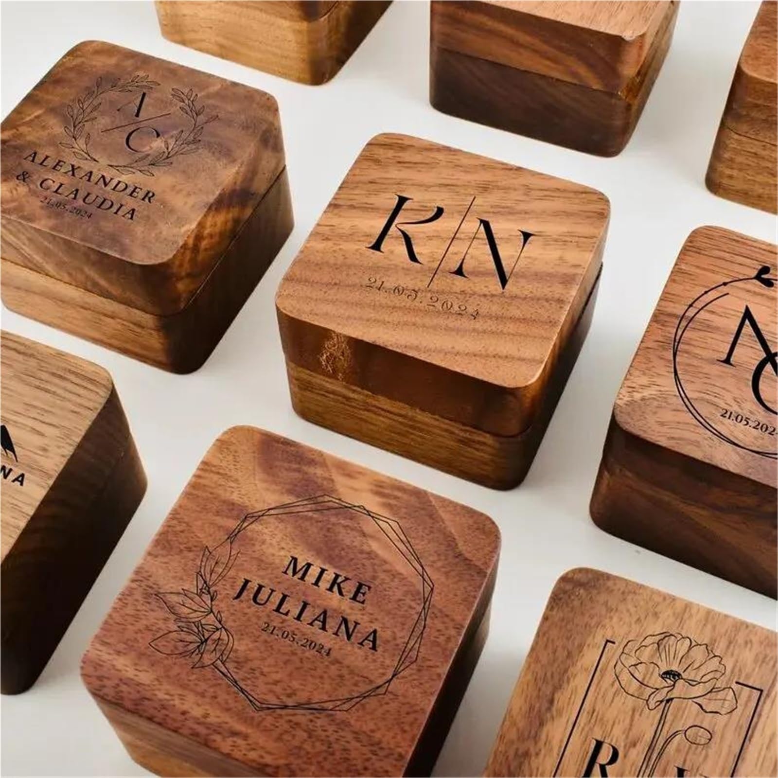 Joyero Viaje Caja De Anillos Madera Nogal Personalizada, Regalo Aniversario Boda, Compromiso Grabado, 1 Uds Anillo Gratis Joyeros(Type-E)